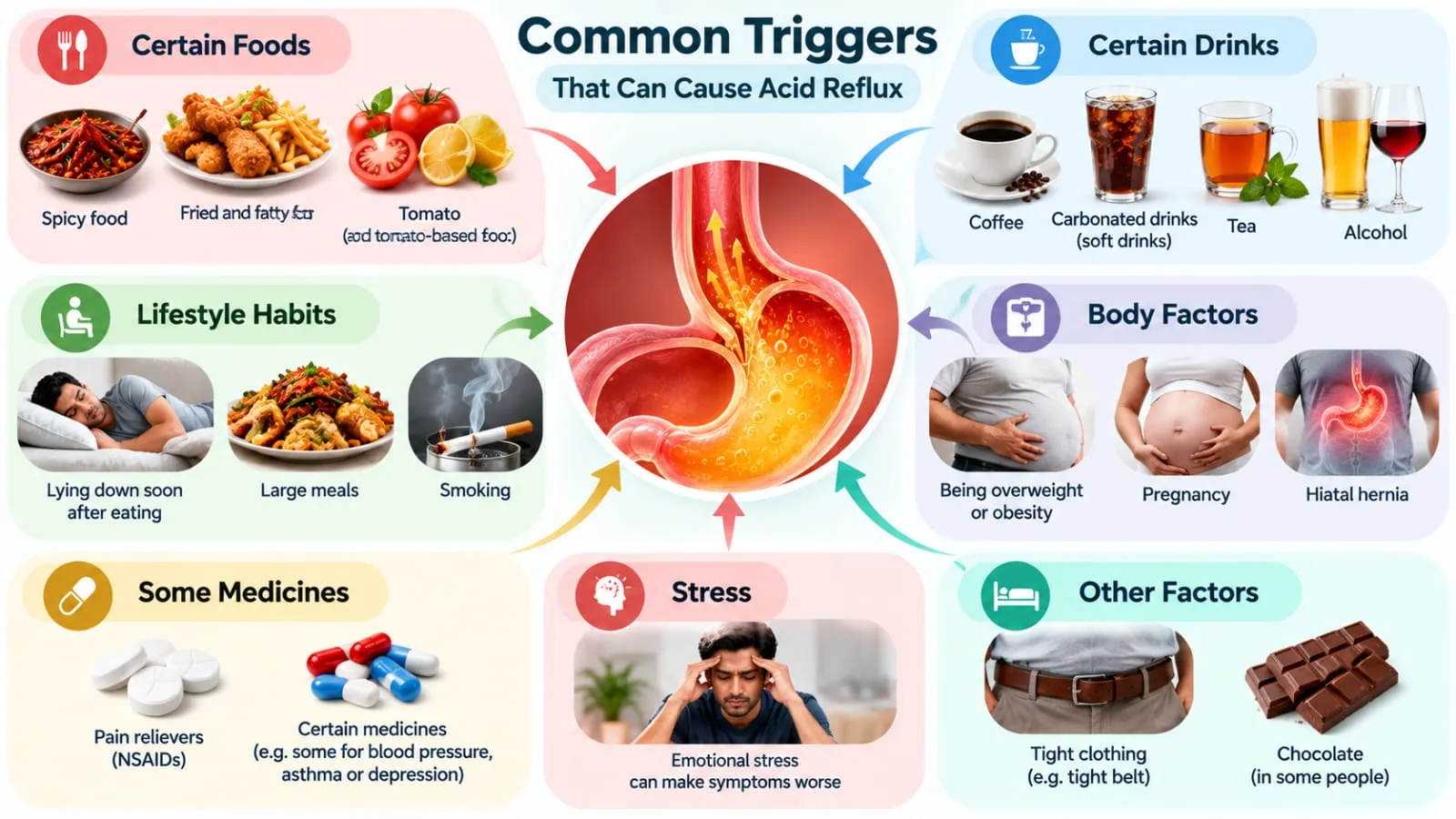 Infographic showing possible acid reflux triggers, including foods, drinks, meal timing, lifestyle factors and some medicines.