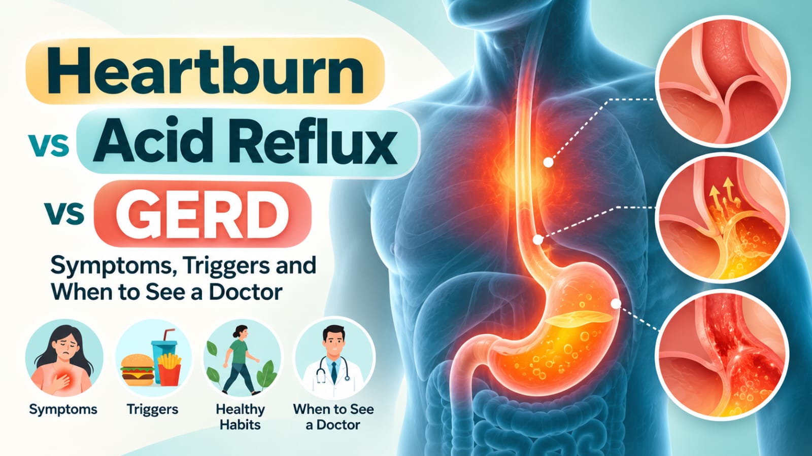 Medical illustration comparing heartburn, acid reflux and GERD, with the esophagus, stomach and lower esophageal sphincter.
