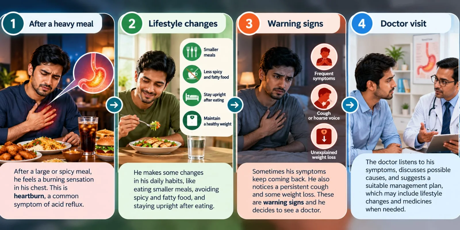 Four-step illustrated story showing Hasan’s late meal, healthier routine, warning symptoms and doctor visit.