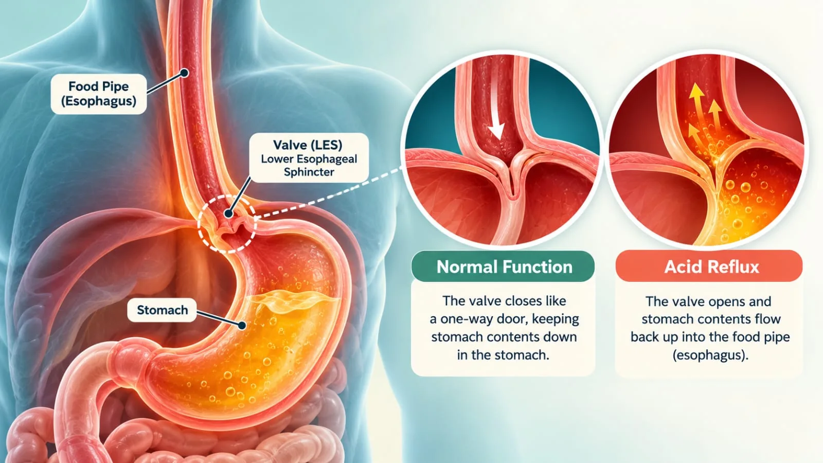 Anatomical diagram labelling the esophagus, lower esophageal sphincter (LES) and stomach, with normal and reflux valve close-ups.