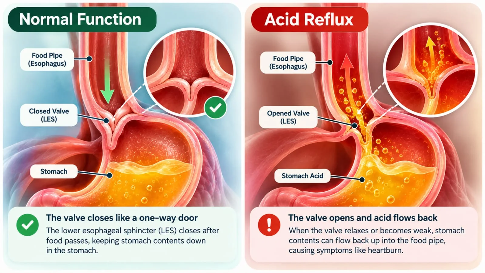 Side-by-side diagram of a closed lower esophageal sphincter and reflux through a relaxed valve into the esophagus.