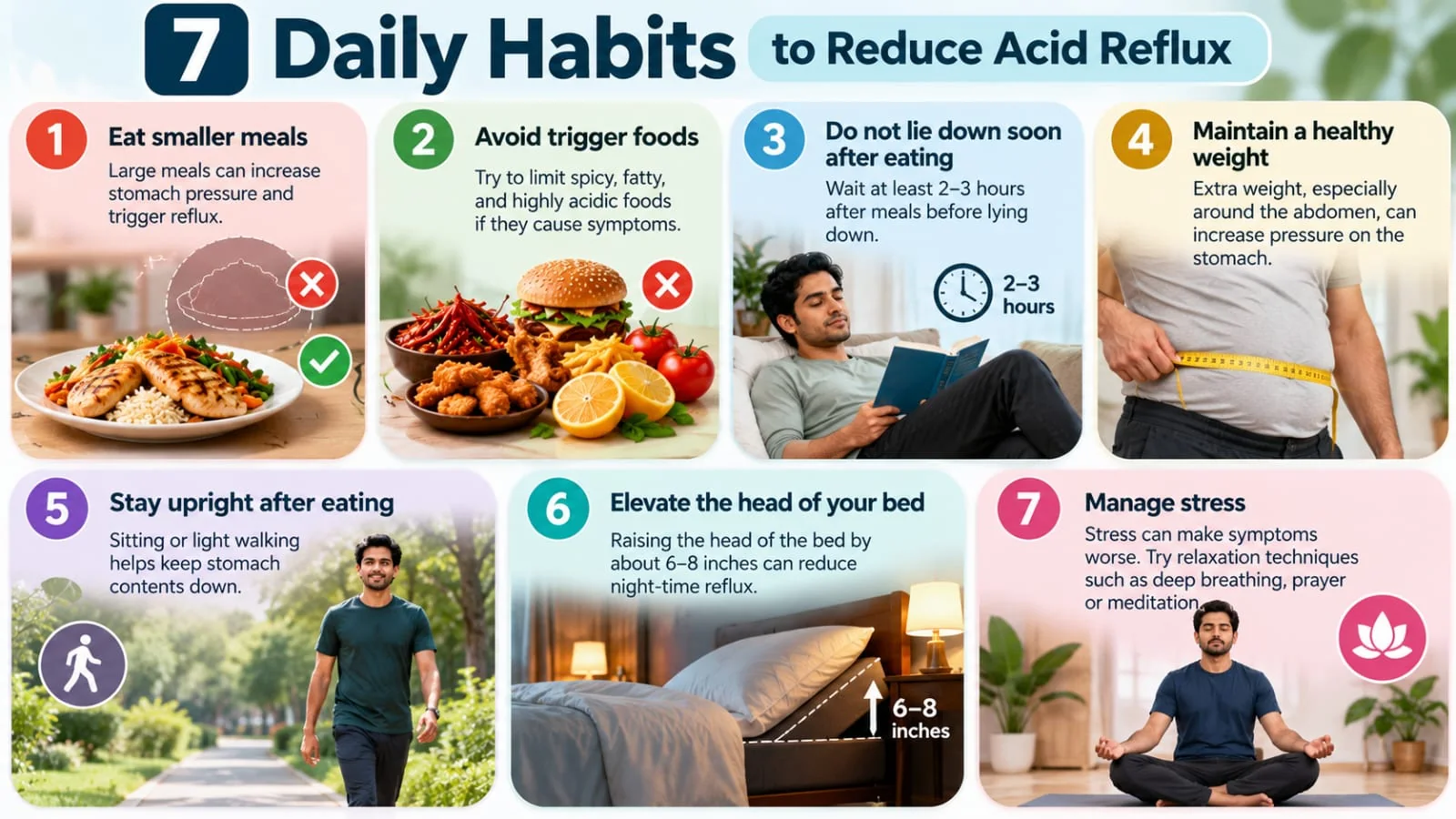 Seven-habit infographic for reflux management, including smaller meals, staying upright after eating and elevating the head of the bed.